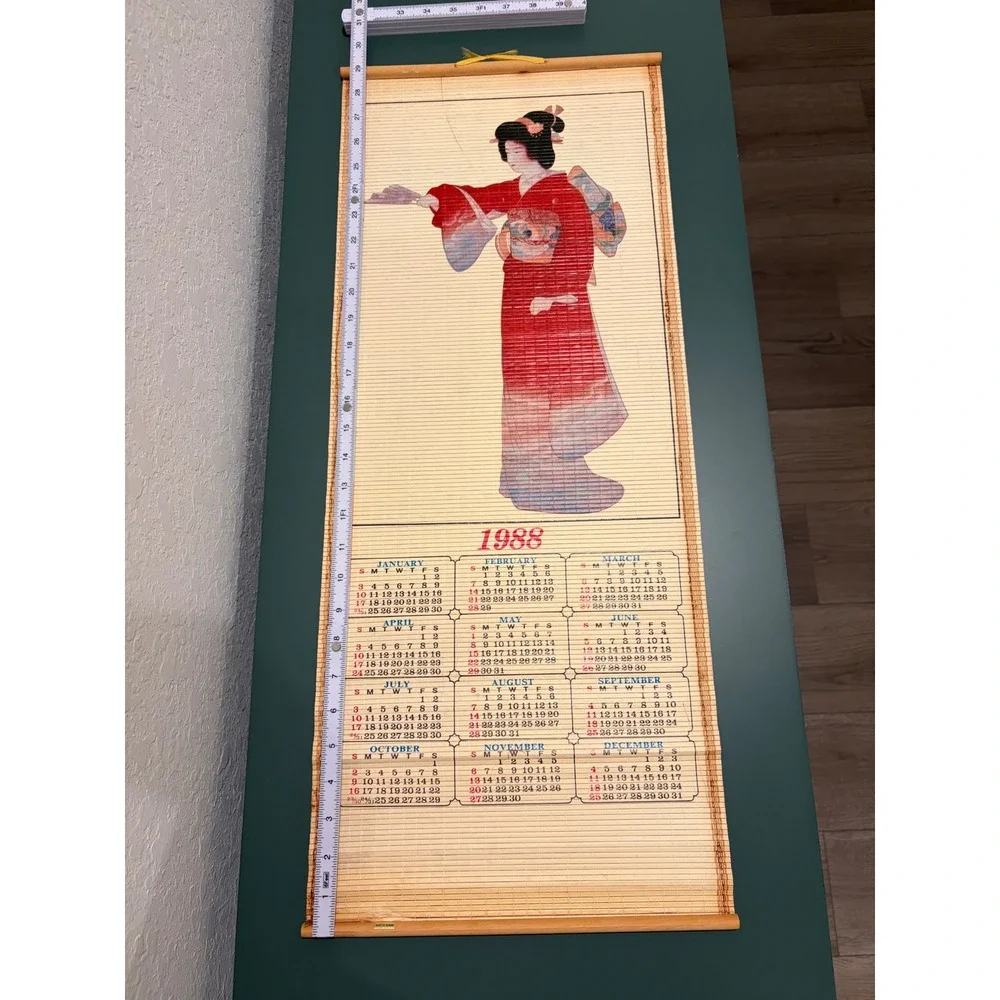 Vintage 1988 Japanese Bamboo Scroll Calendar Geisha Birds Double Sided Wall Art